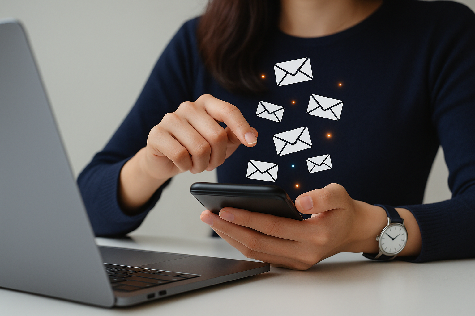 Person using smartphone with email icons floating above it