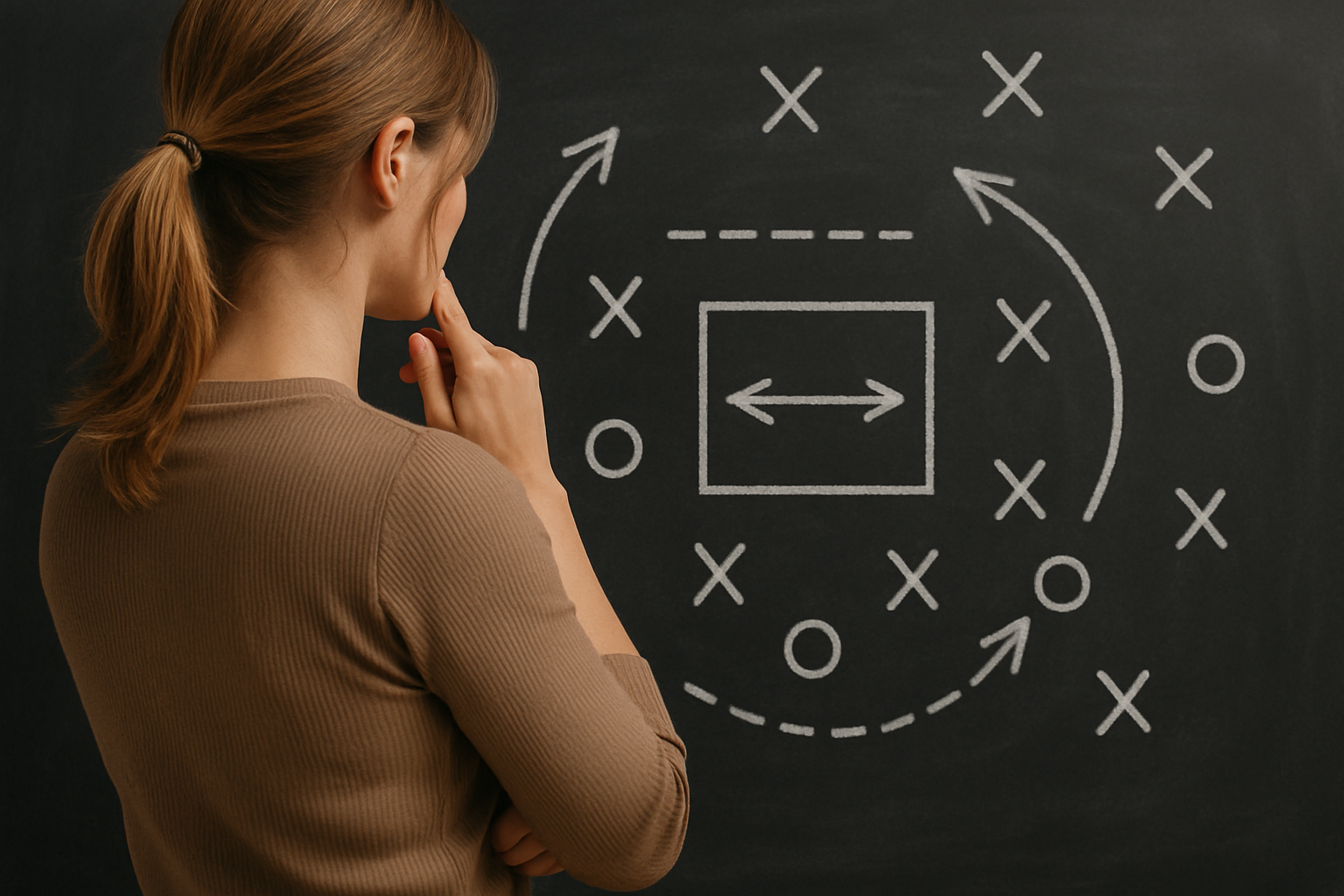 Person analyzing marketing strategy on a blackboard