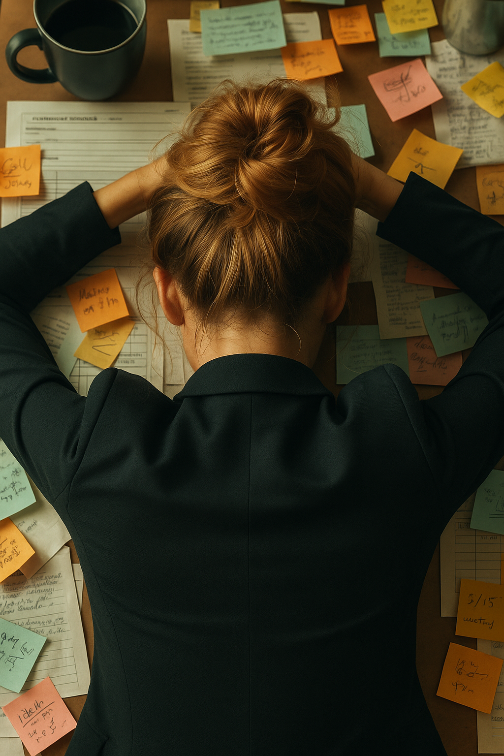 Overwhelmed person with sticky notes and to-do lists